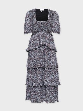 GANNI Pleated Georgette Smock Midi Dress Phantom Floral